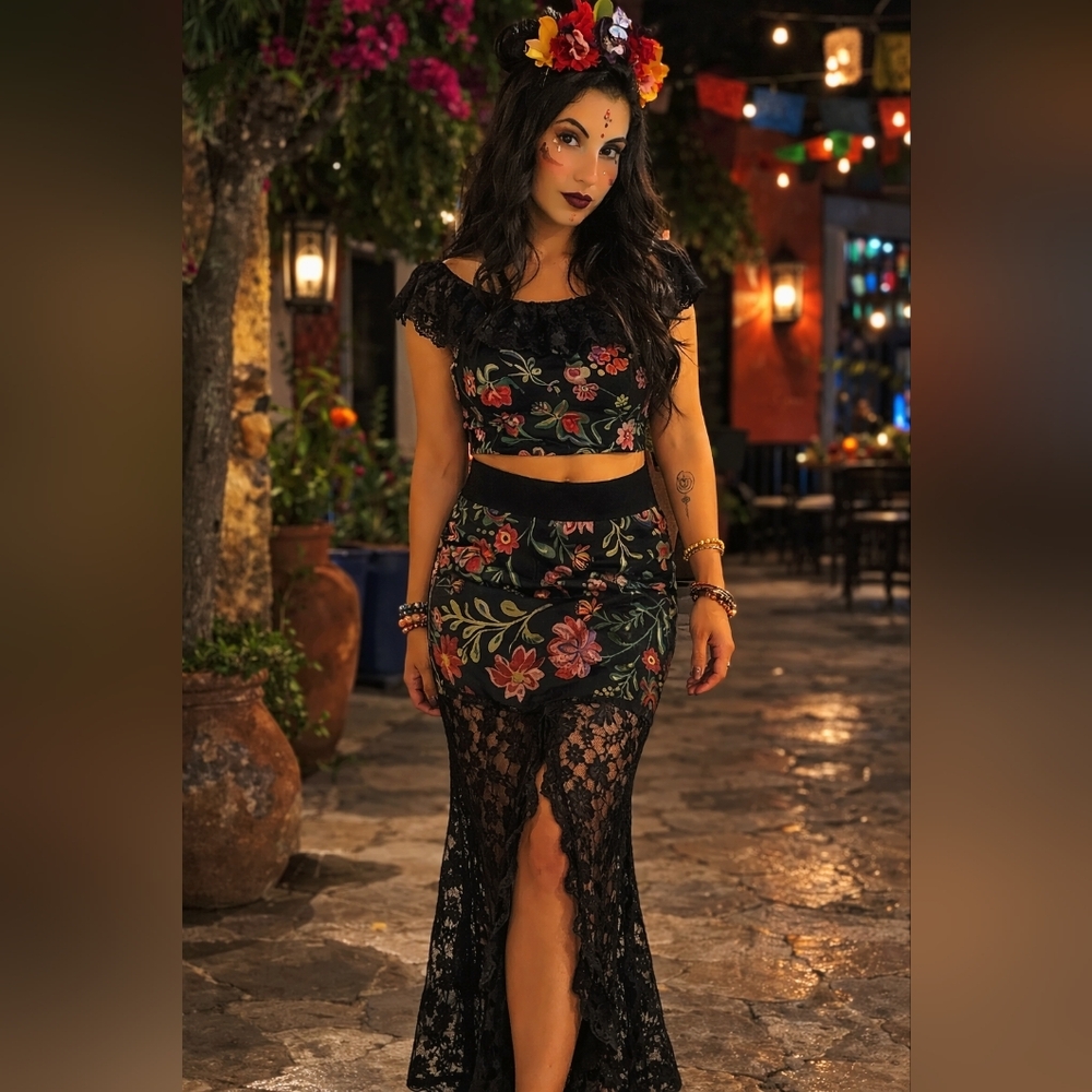 Floral Lace Two-Piece Skirt Set - Black